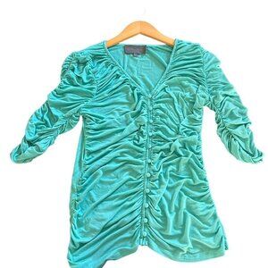 Anthropology Sunday in Brooklyn Teal Tunic blouse womens Size MGathered Front